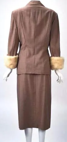 1950s Neiman Marcus Gabardine Tailored Skirt Suit with White Mink