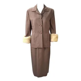 1950s Neiman Marcus Gabardine Tailored Skirt Suit with White Mink