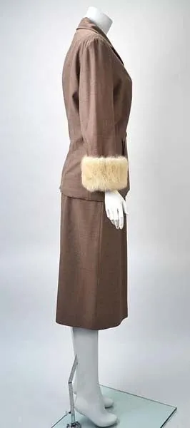 1950s Neiman Marcus Gabardine Tailored Skirt Suit with White Mink