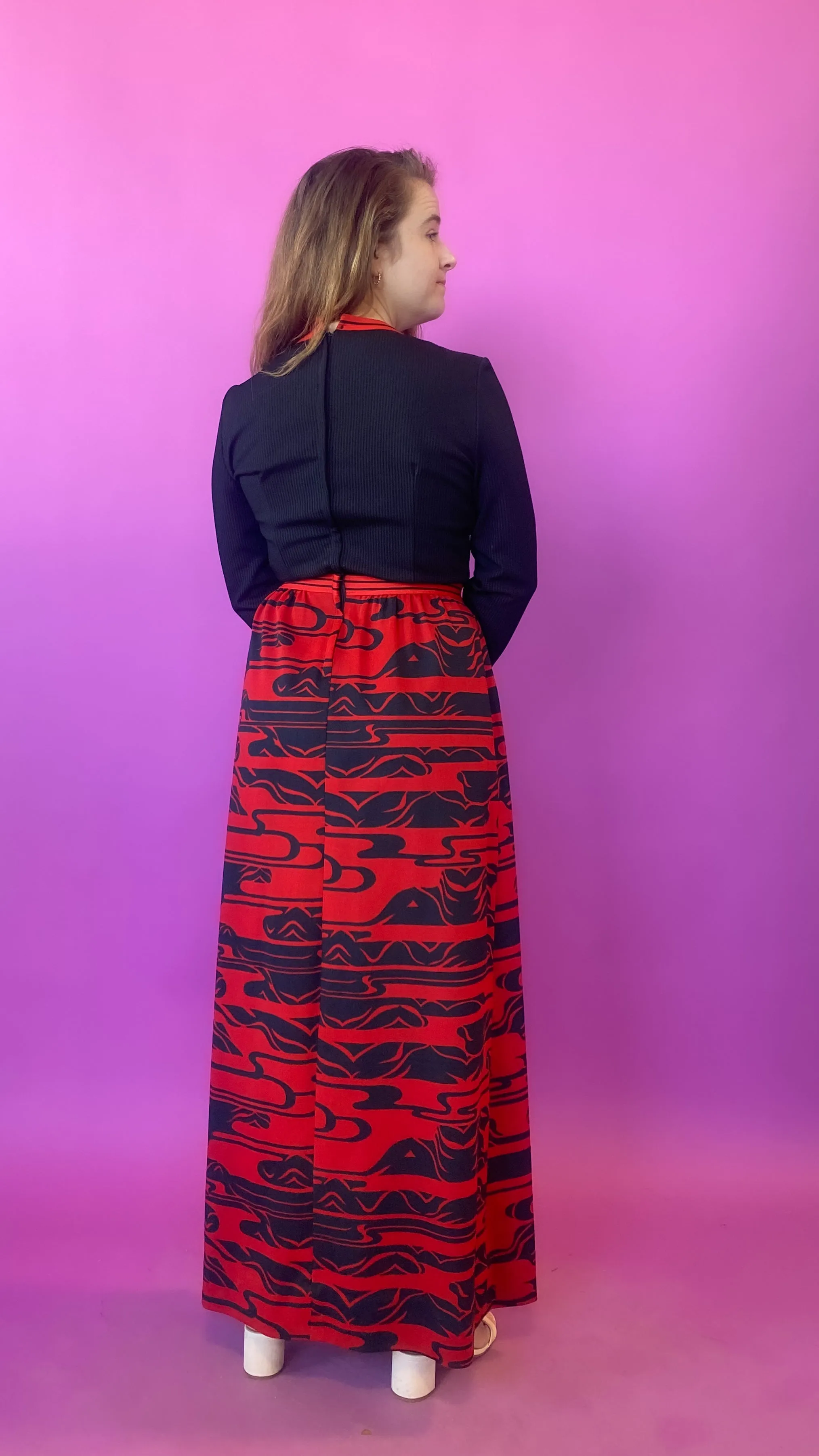 1970s Black and Red Abstract Maxi Dress, sz. M