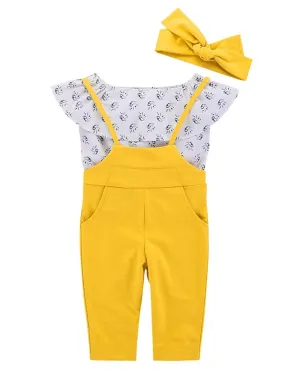 3-Piece Outfits Baby Little Girl Top Yellow Suspender Pants Bow Headband