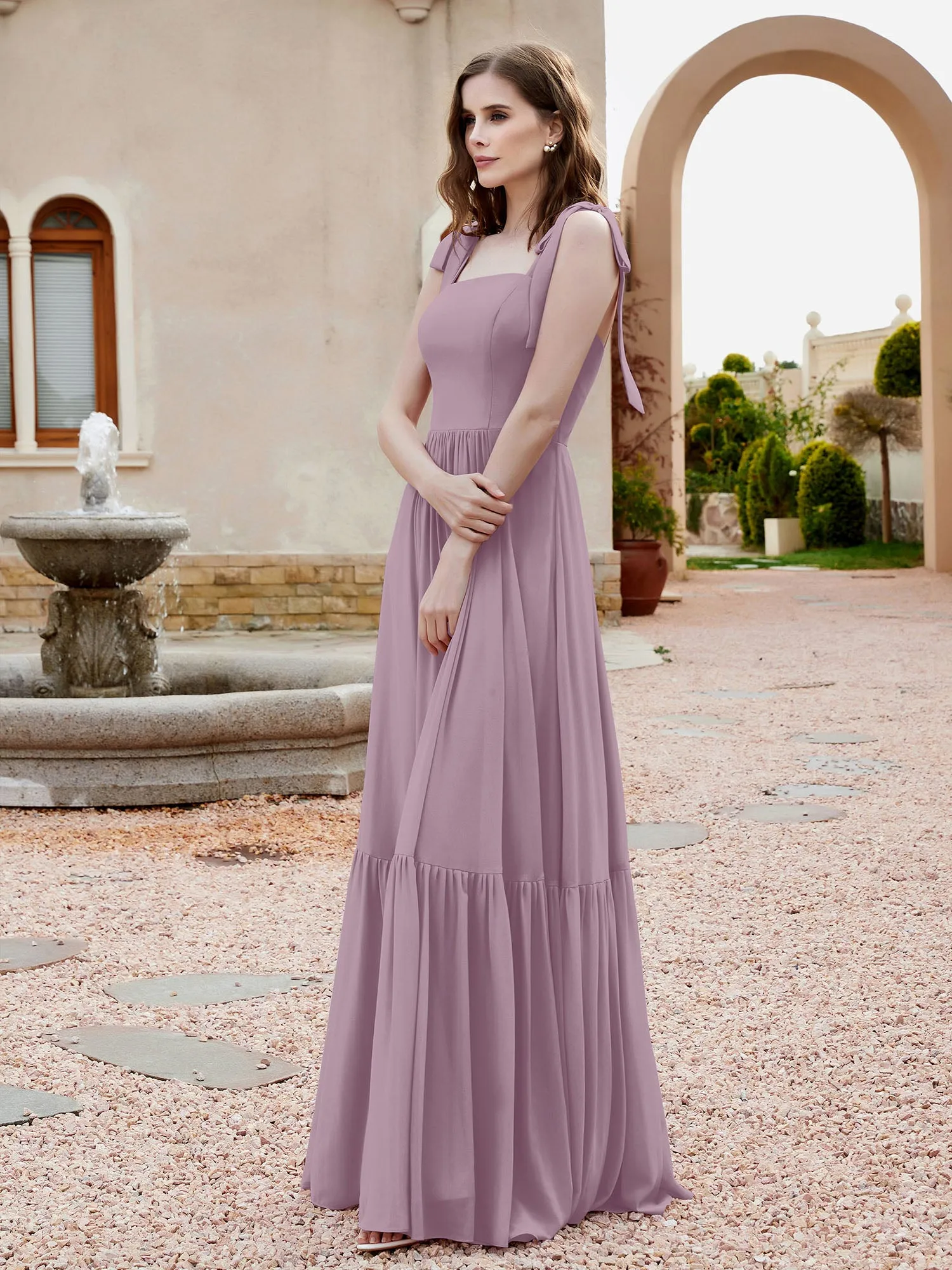 A-Line Bow Ruffle Sleeveless Chiffon Dress Vintage Mauve Plus Size