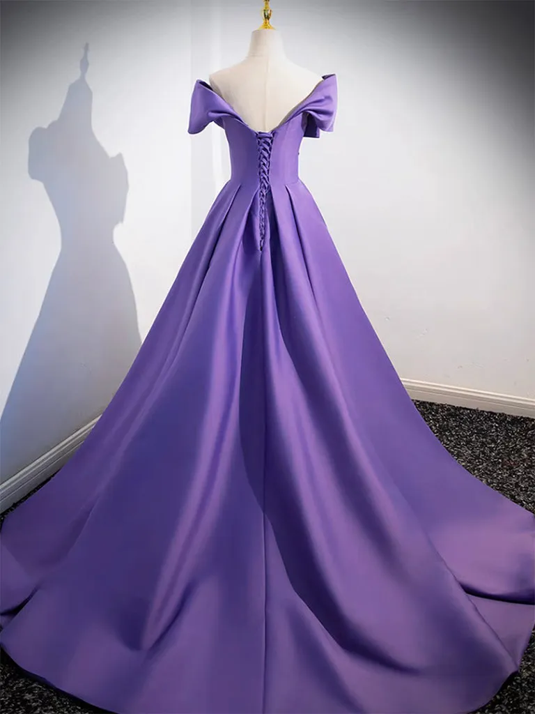 A-Line off Shoulder Satin Purple Long Prom Dress, Purple Long Evening Dress