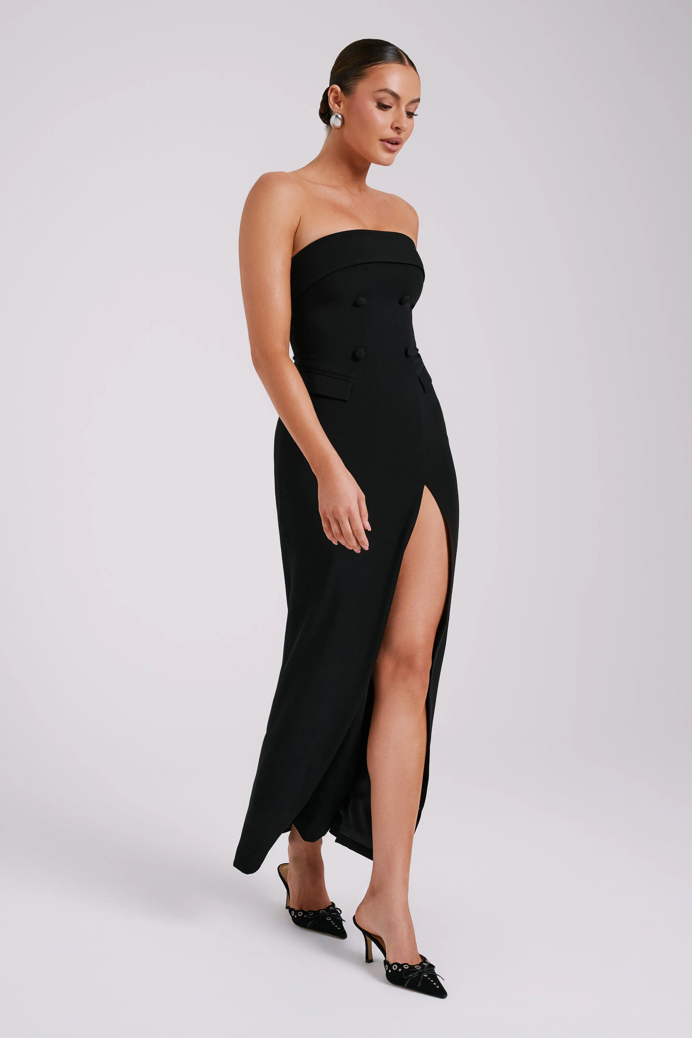 Abbie Strapless Suiting Maxi Dress - Black