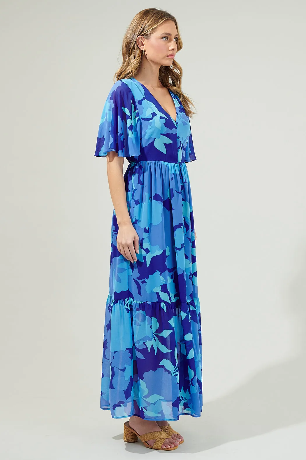 Alegria Floral Pismo Button Down Flutter Maxi Dress