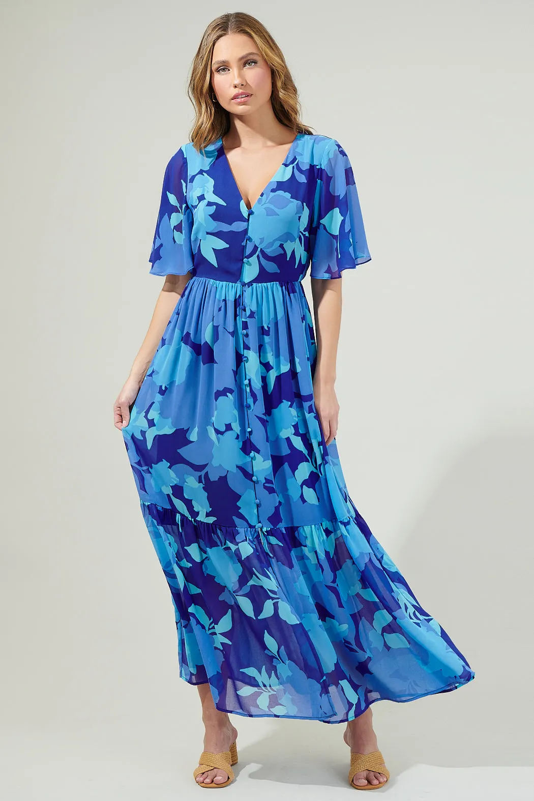 Alegria Floral Pismo Button Down Flutter Maxi Dress