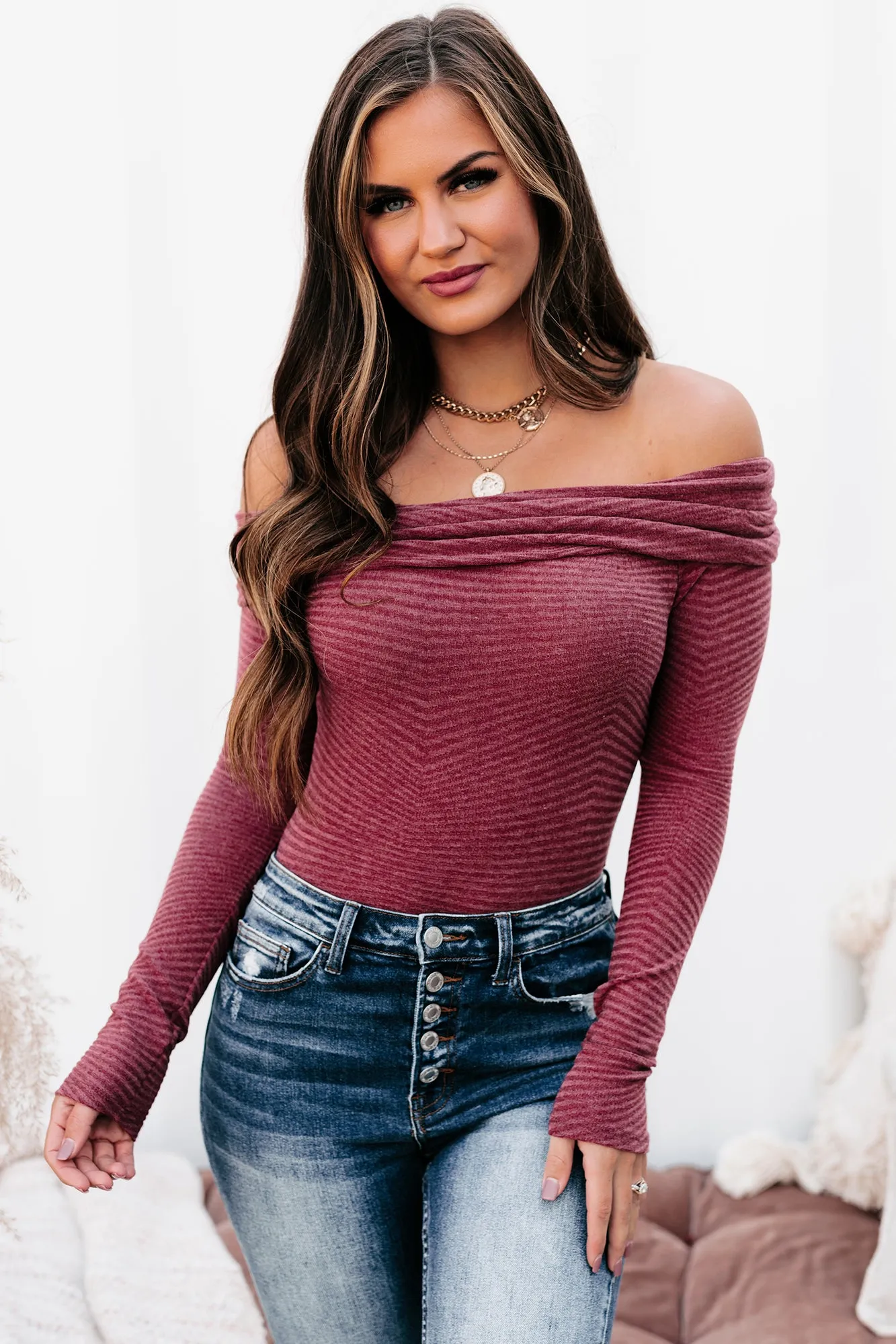 Always Presentable Long Sleeve Off The Shoulder Bodysuit (Burgundy)