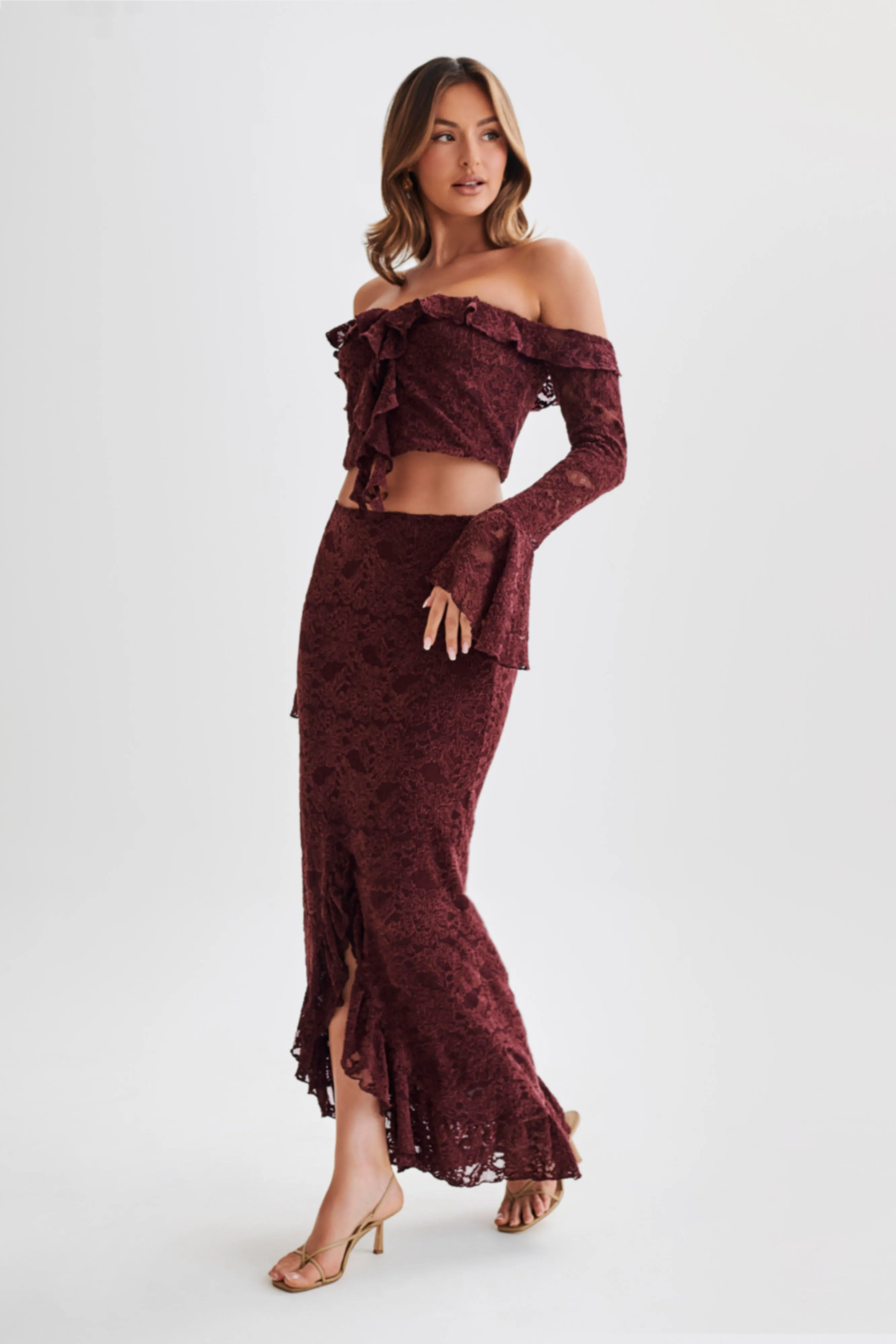 Artemis Lace Plisse Off Shoulder Top - Plum