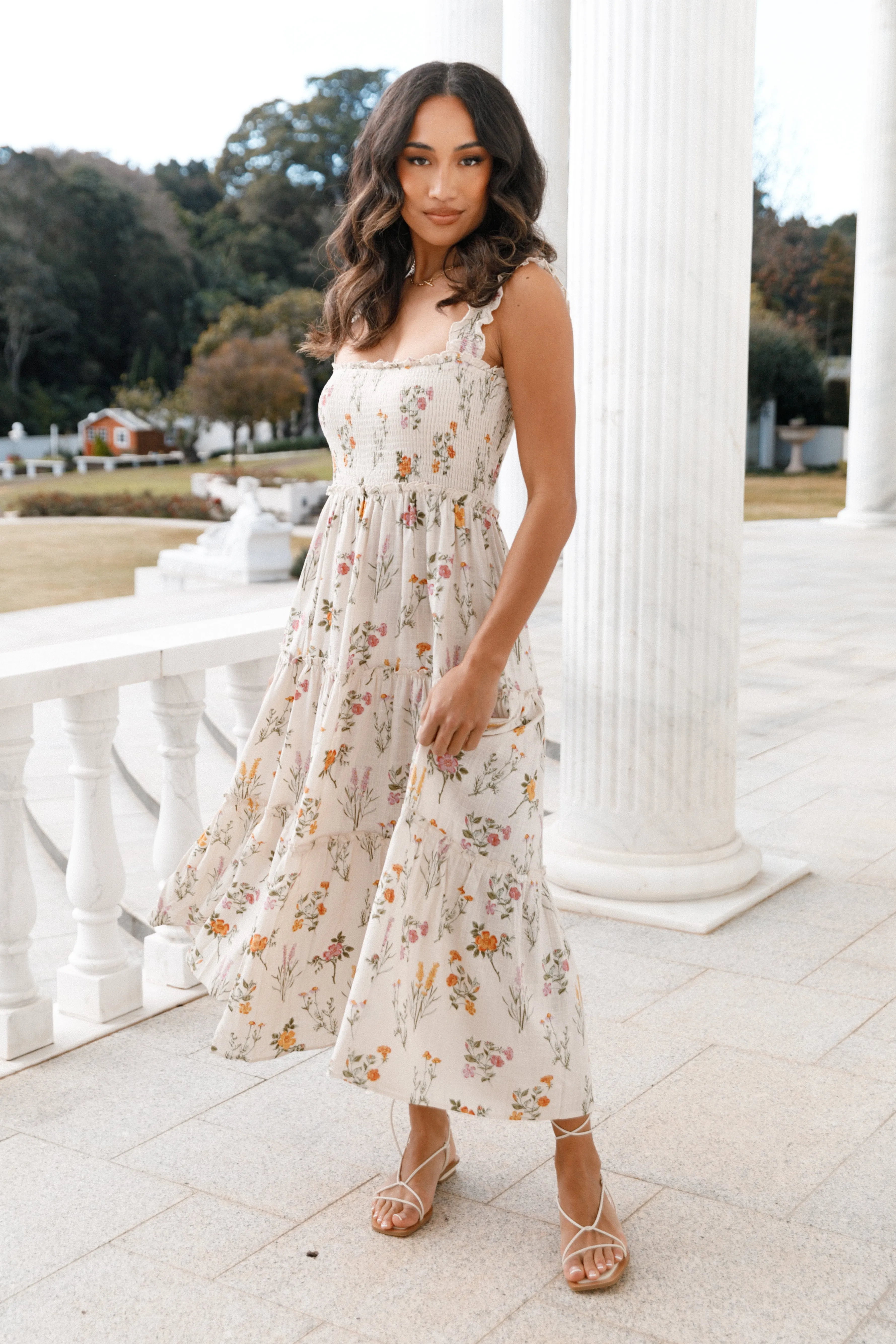 August Shirred Maxi Dress - Beige Floral