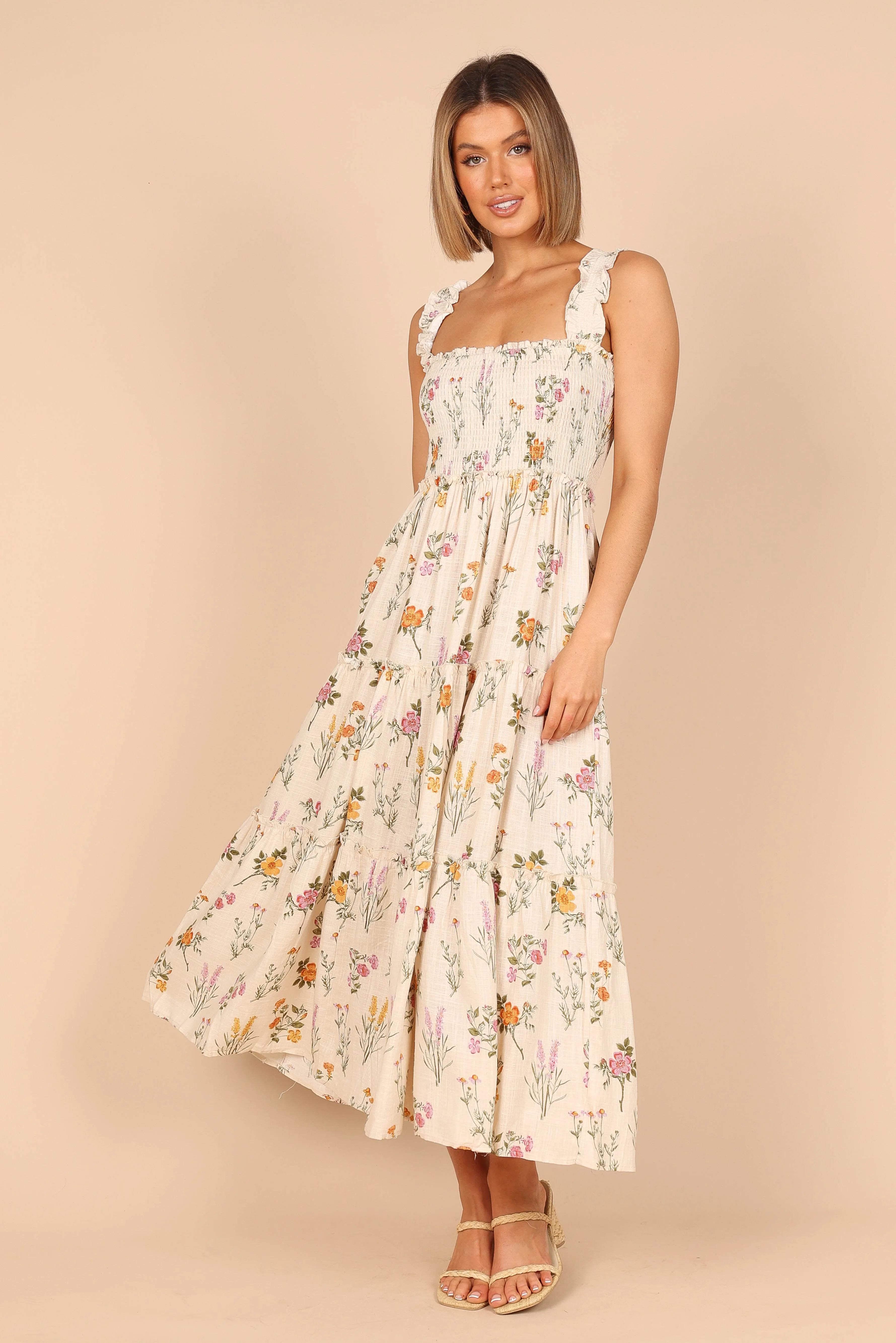 August Shirred Maxi Dress - Beige Floral