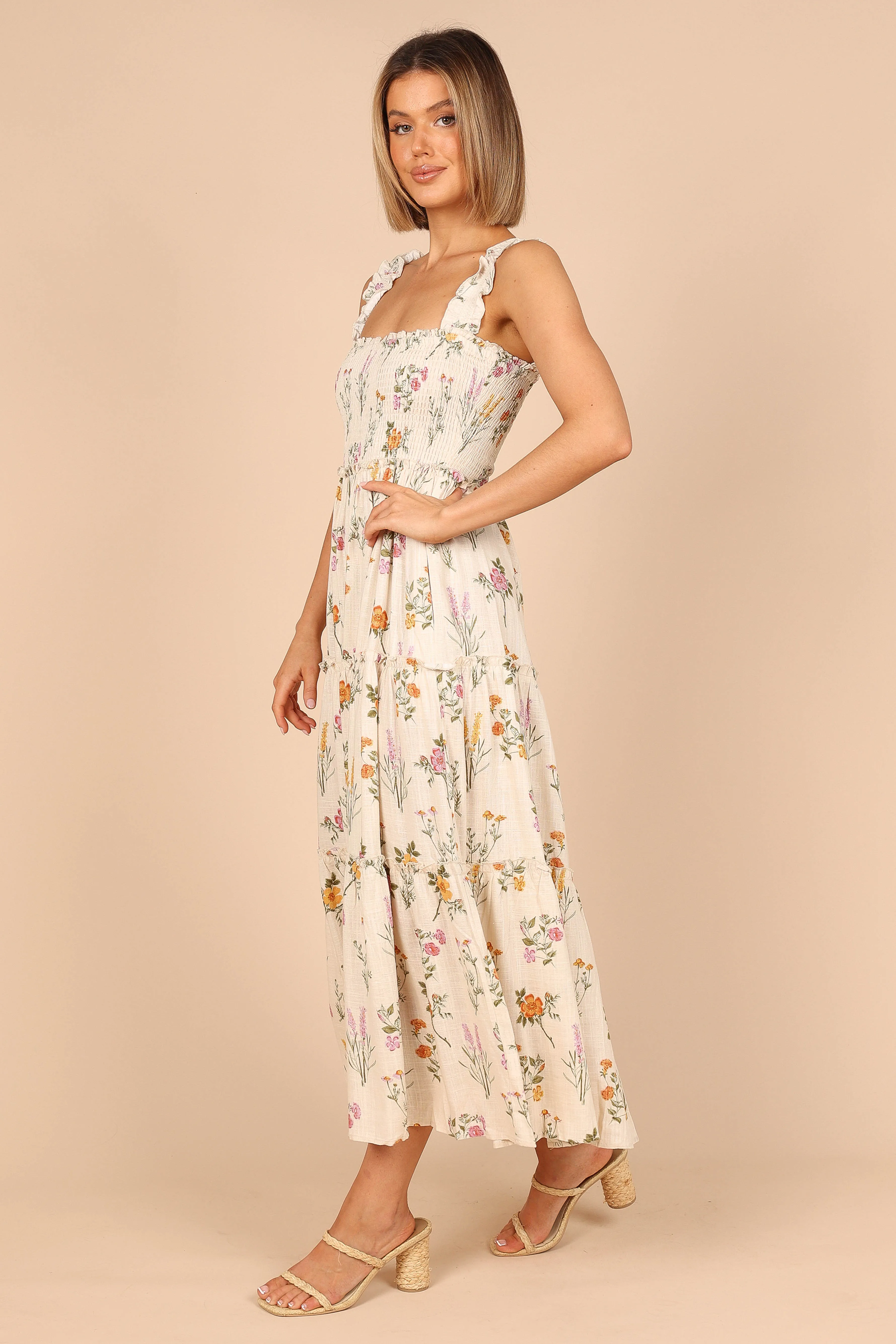 August Shirred Maxi Dress - Beige Floral