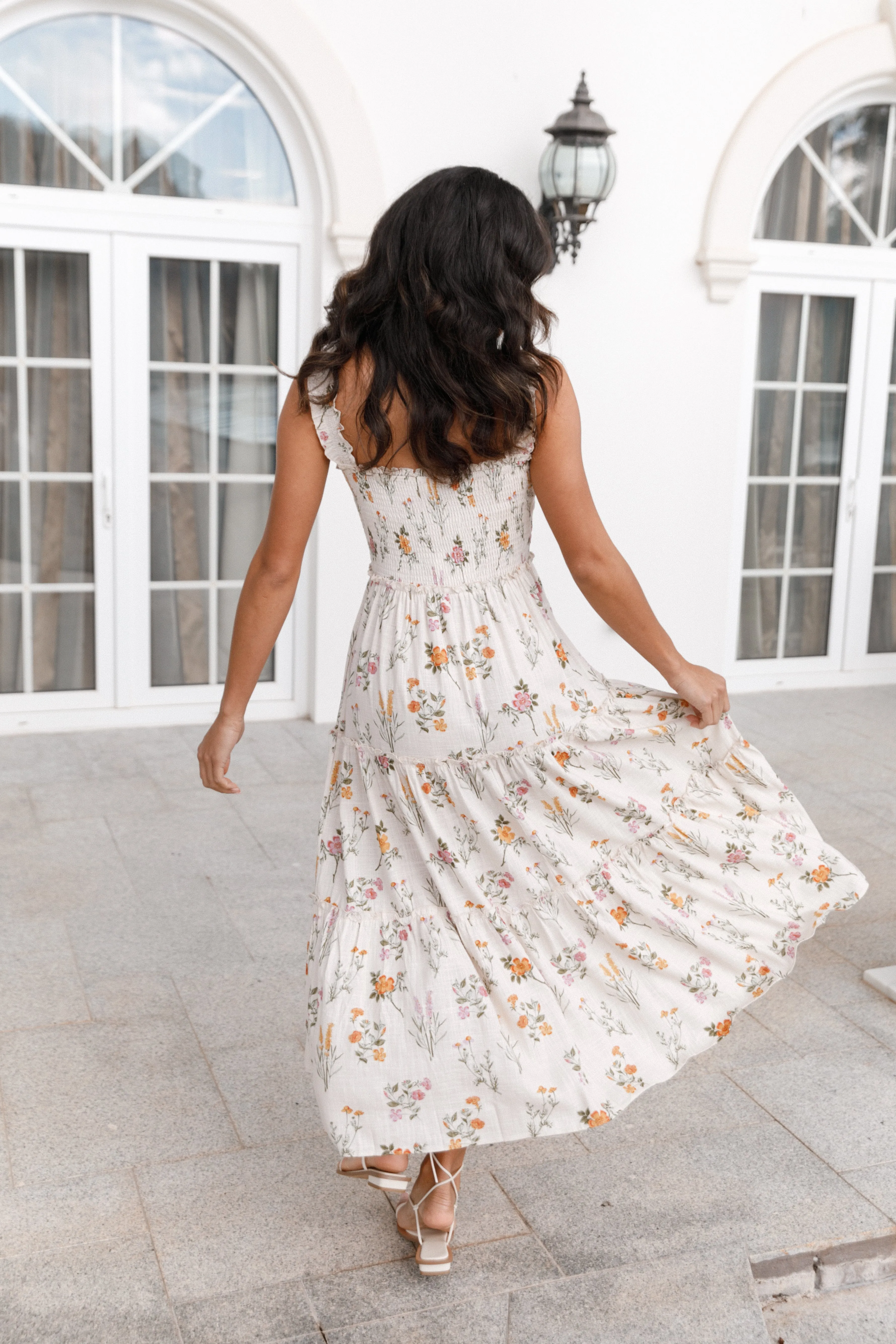 August Shirred Maxi Dress - Beige Floral