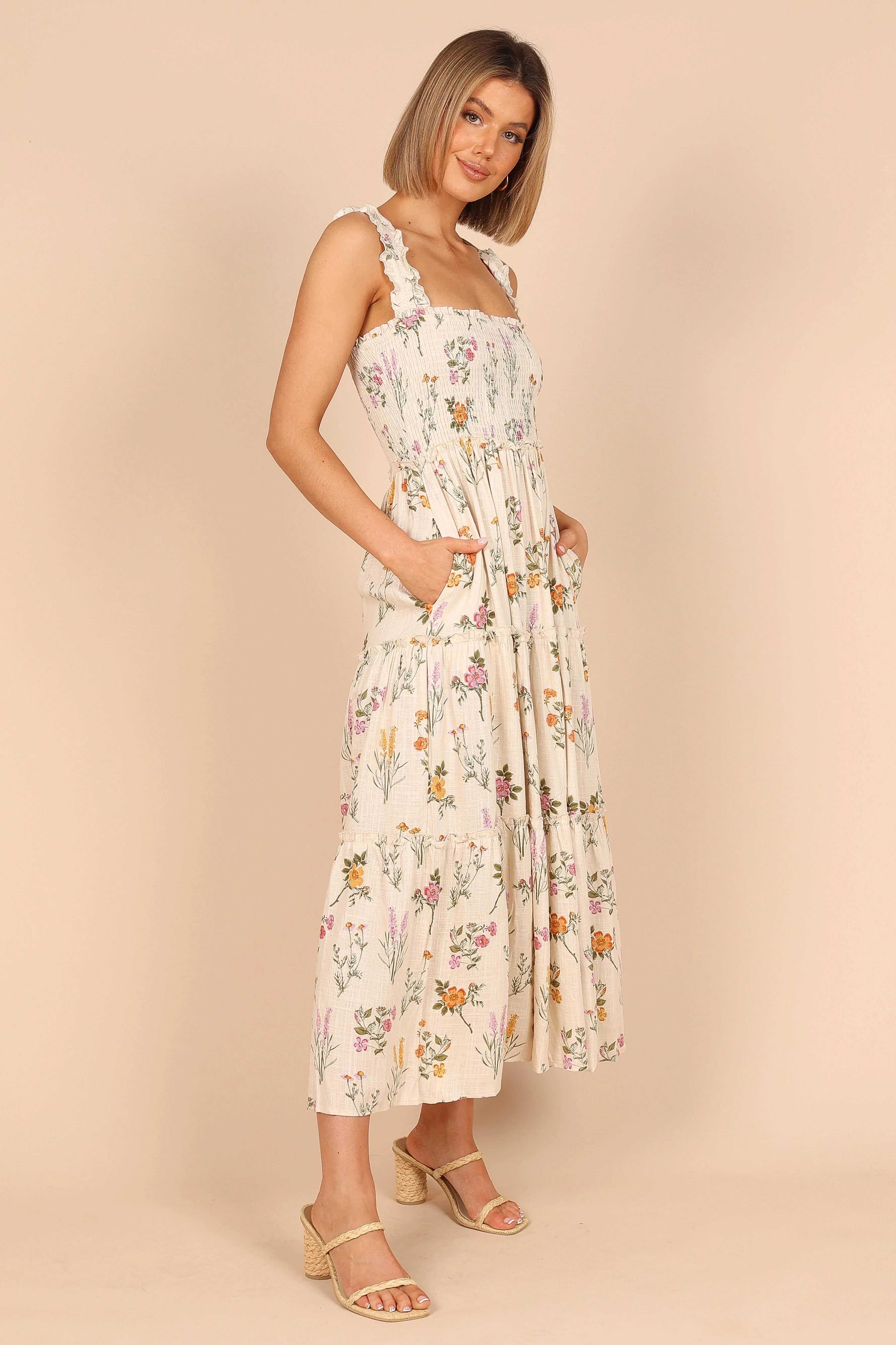 August Shirred Maxi Dress - Beige Floral