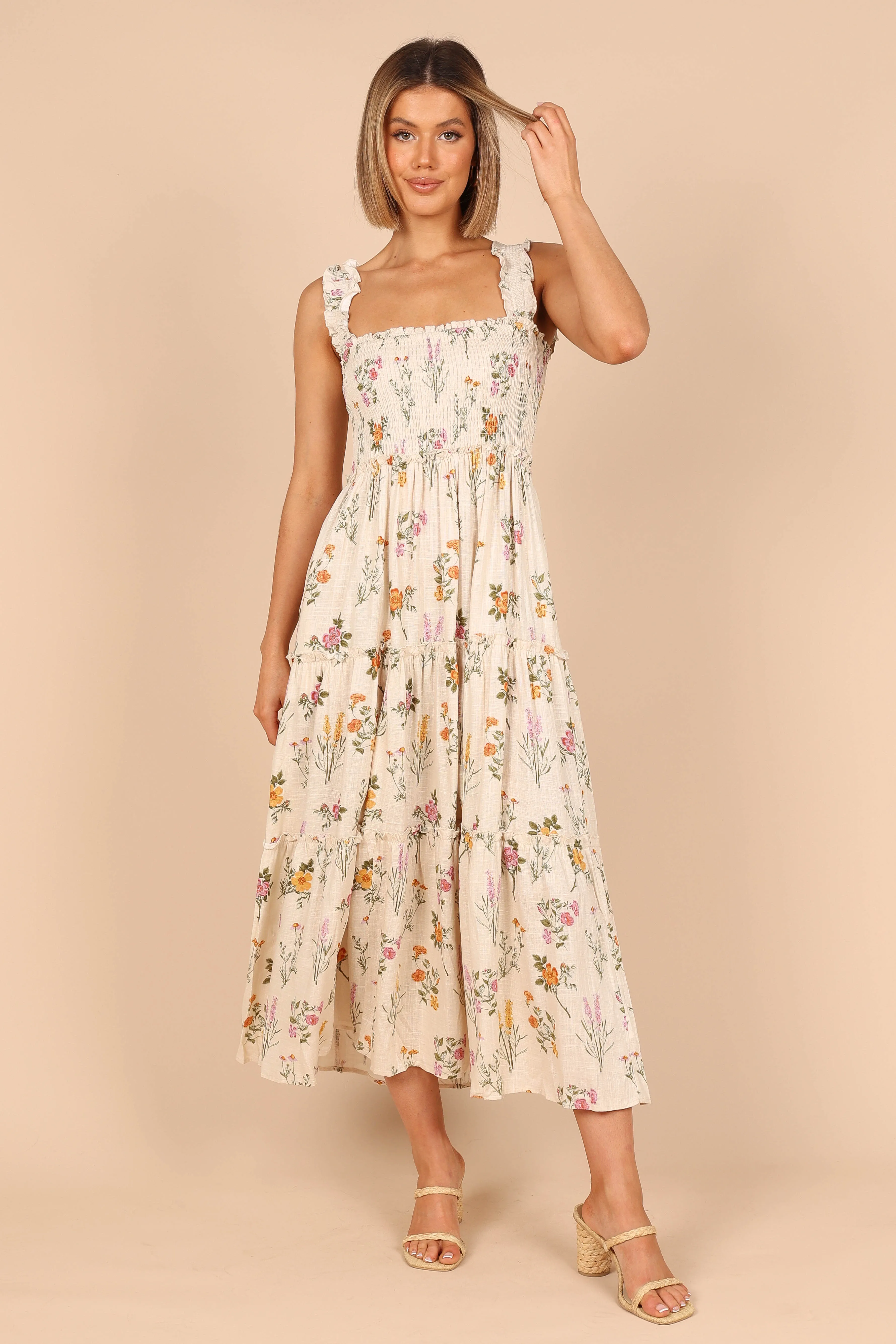 August Shirred Maxi Dress - Beige Floral