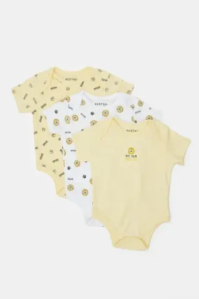 Baby Yellow And White Printed Bodysuit Set (Pack Of 3)