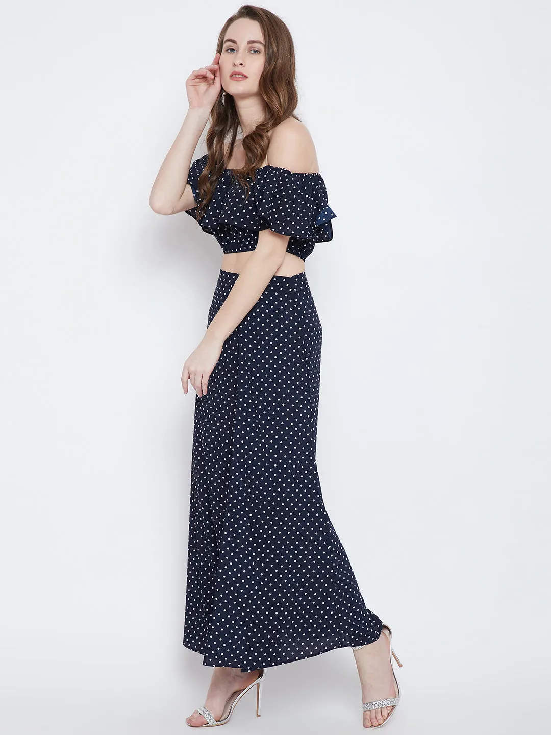 Berrylush Women Navy Blue & White Polka Dot Printed Off-Shoulder Neck Ruffled Co-Ordinate Maxi Dress