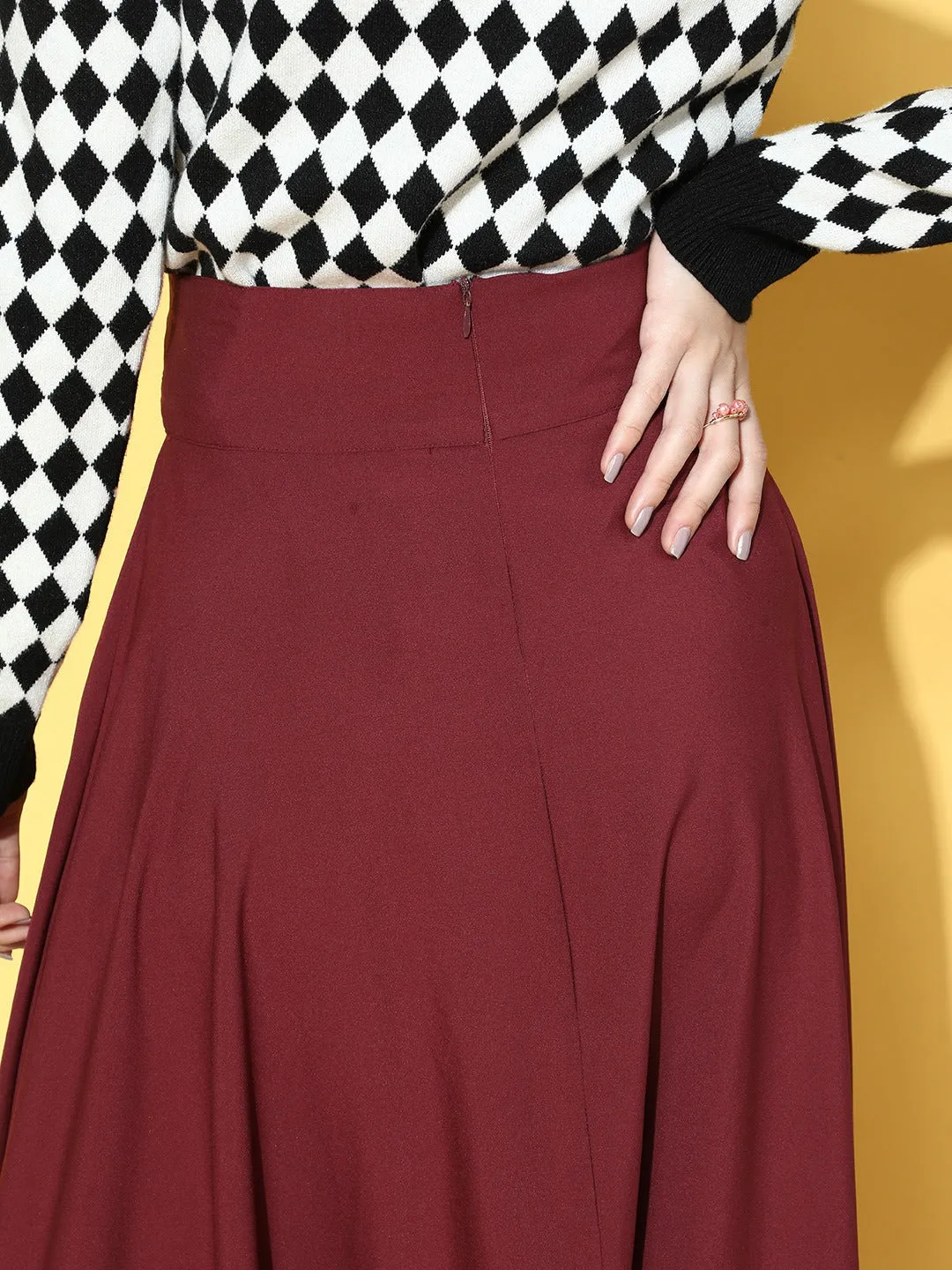 Berrylush Women Solid Maroon Waist Tie-Up Flared Maxi Skirt