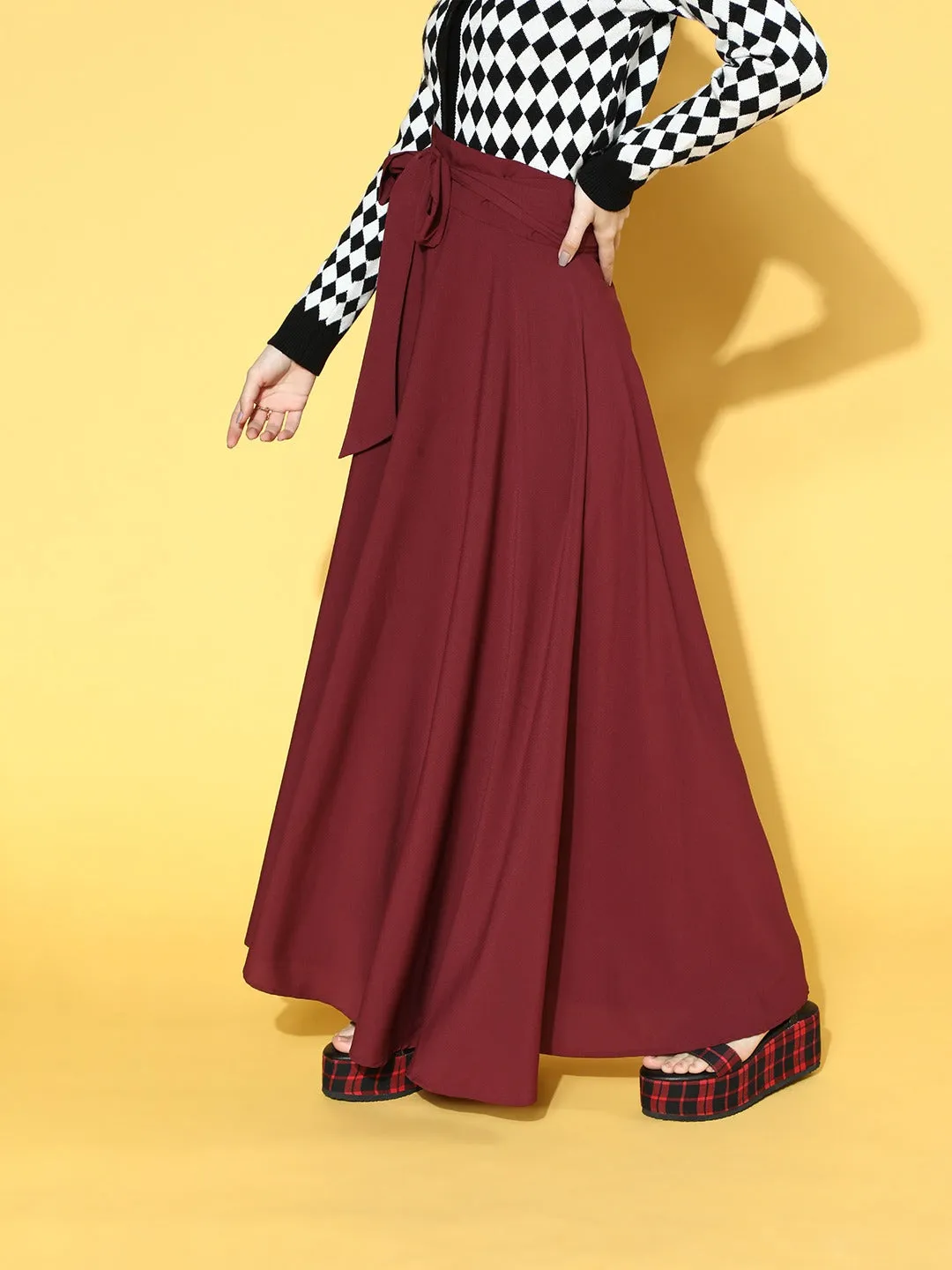 Berrylush Women Solid Maroon Waist Tie-Up Flared Maxi Skirt