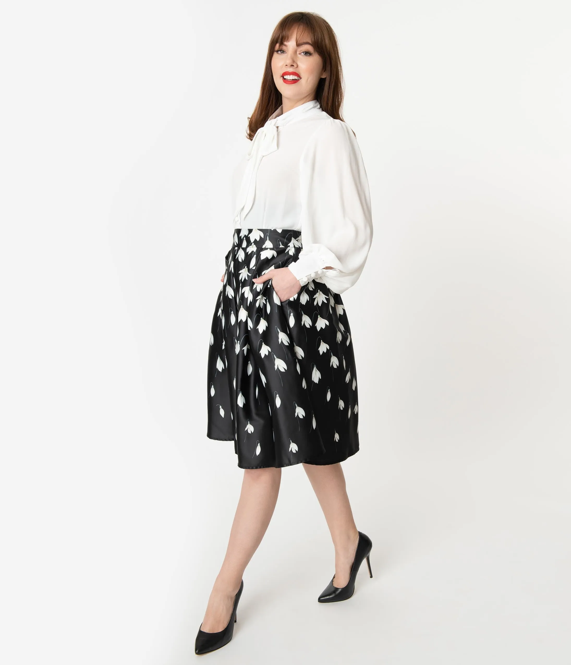 Black & White Snowdrop Floral Carolyn Swing Skirt