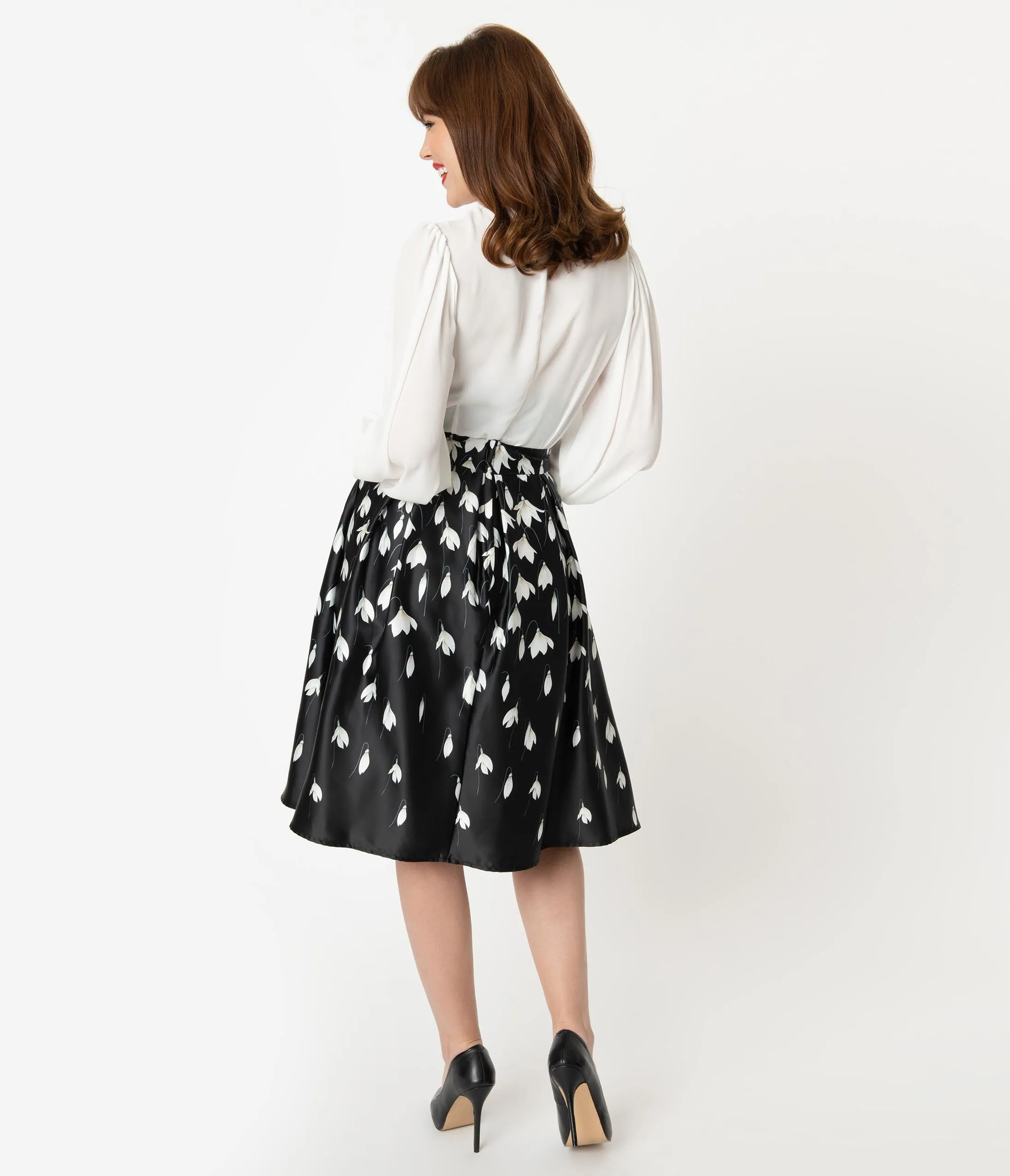 Black & White Snowdrop Floral Carolyn Swing Skirt