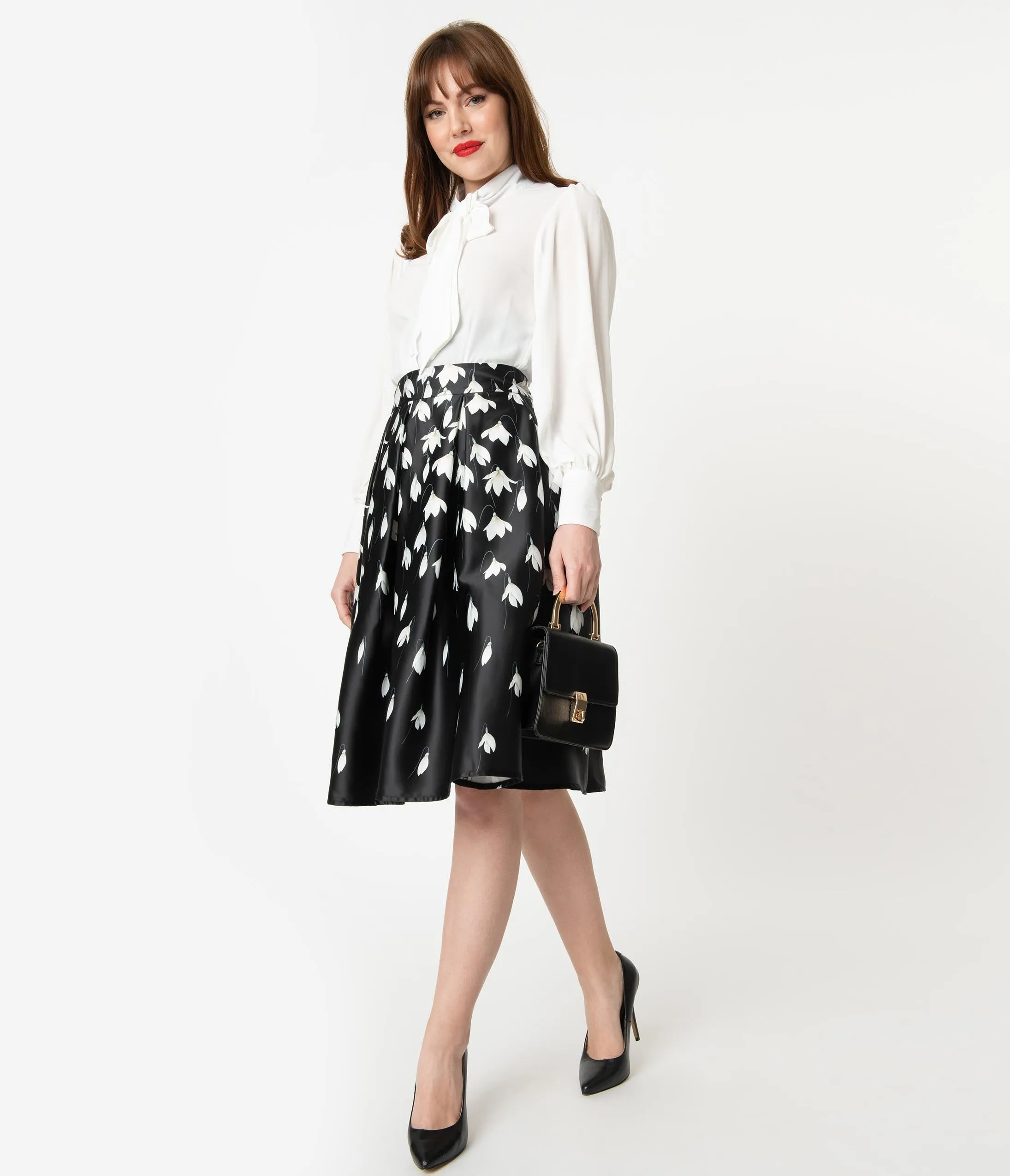 Black & White Snowdrop Floral Carolyn Swing Skirt