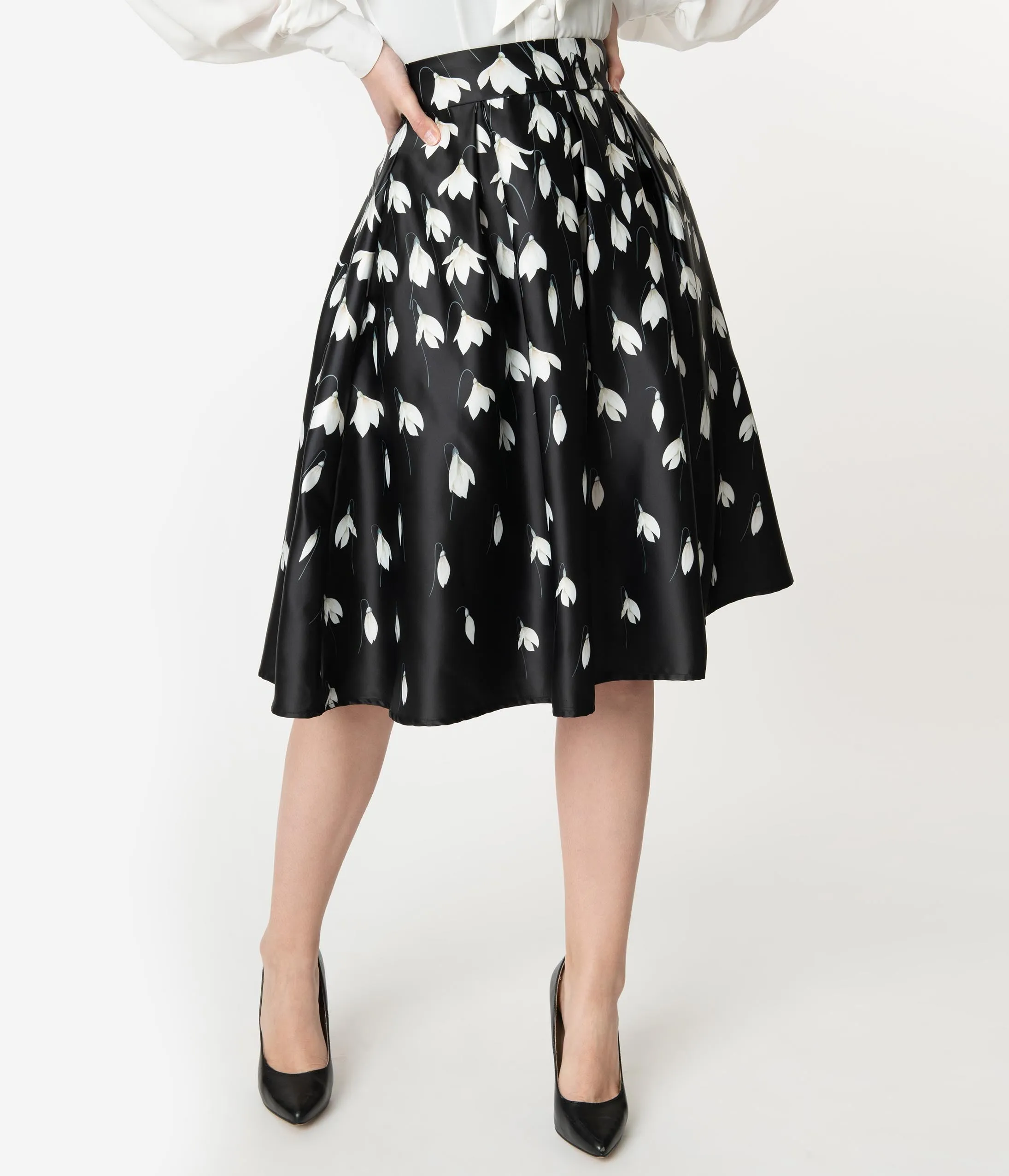 Black & White Snowdrop Floral Carolyn Swing Skirt