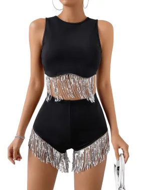 Black Fringe 2pc Sequin Shorts Set