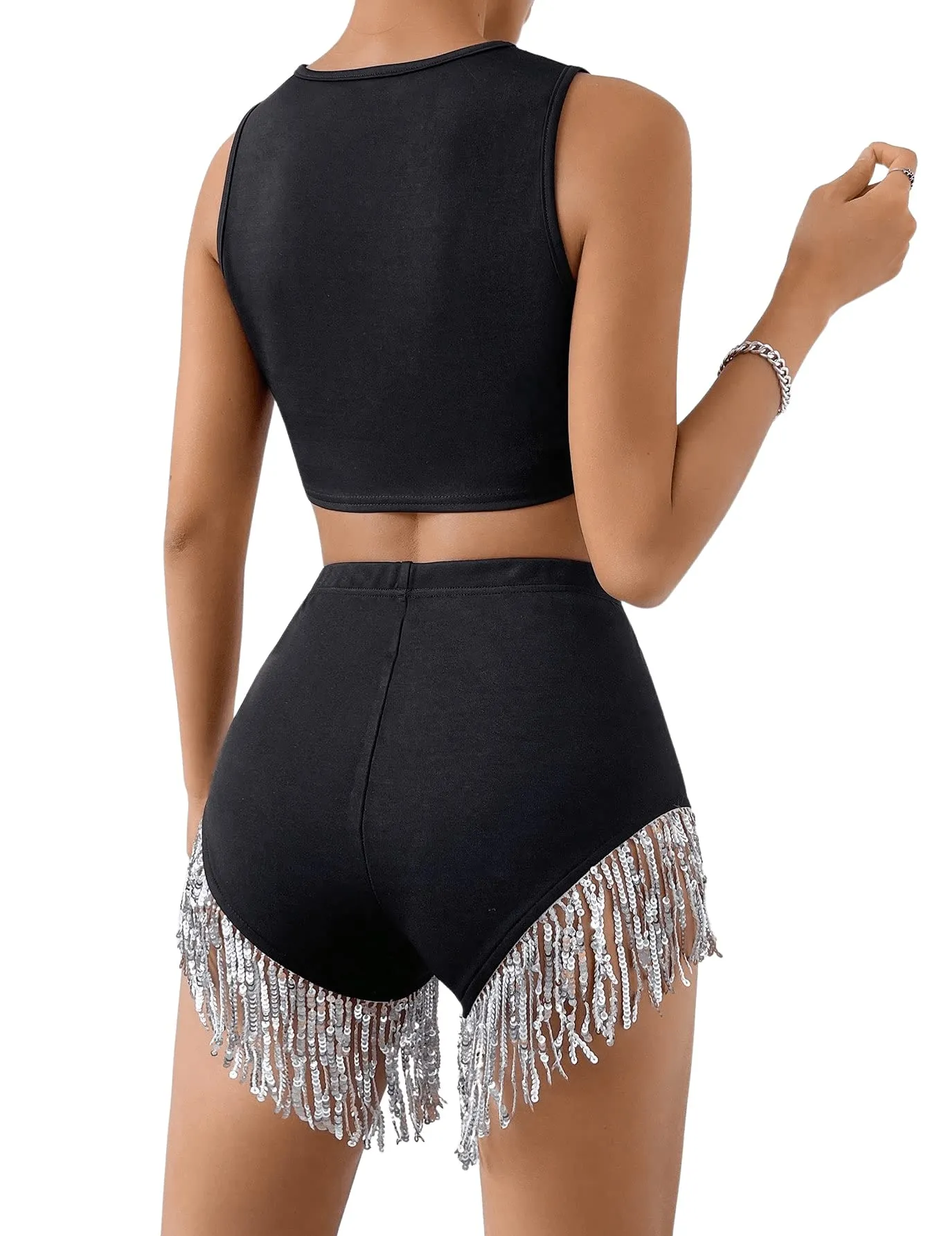 Black Fringe 2pc Sequin Shorts Set