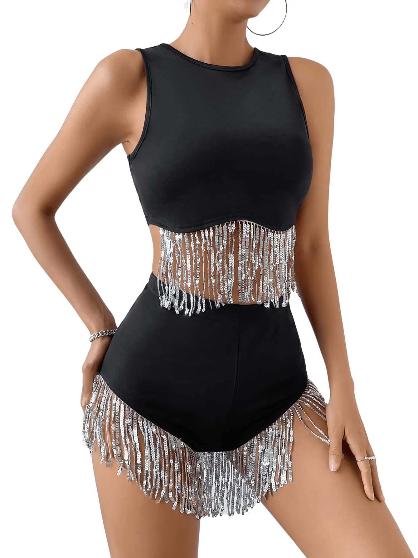 Black Fringe 2pc Sequin Shorts Set