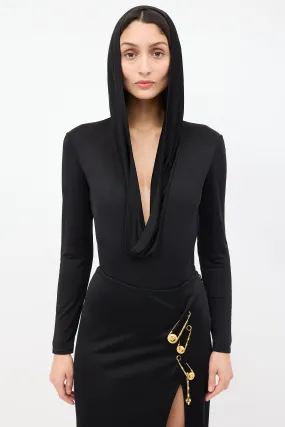 Black Hooded Cowl Neck Bodysuit