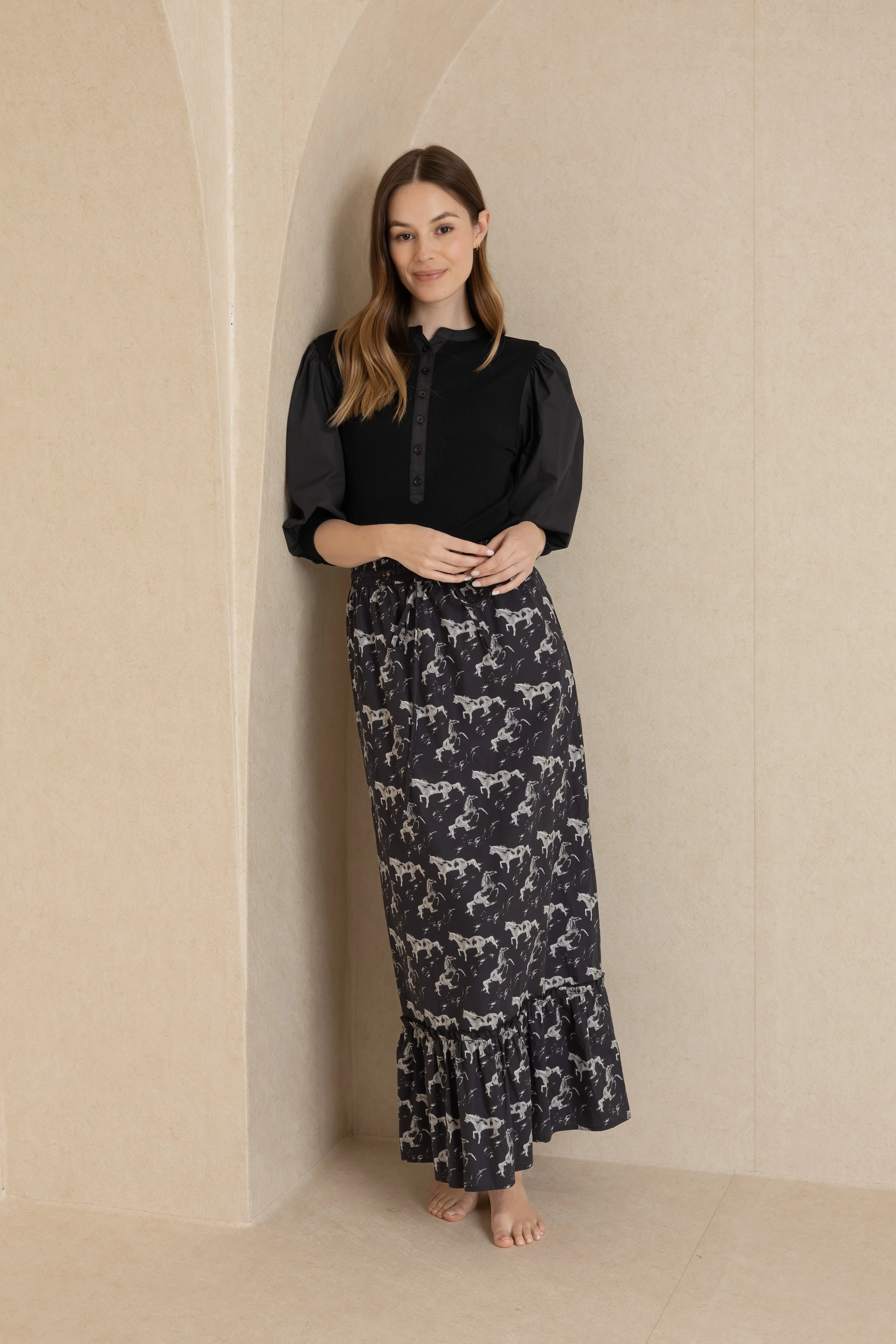 Black Horse Print Drawstring Skirt