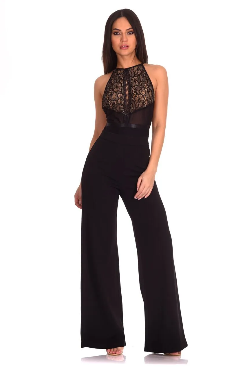 Black Lace Mesh Open Back Bodysuit