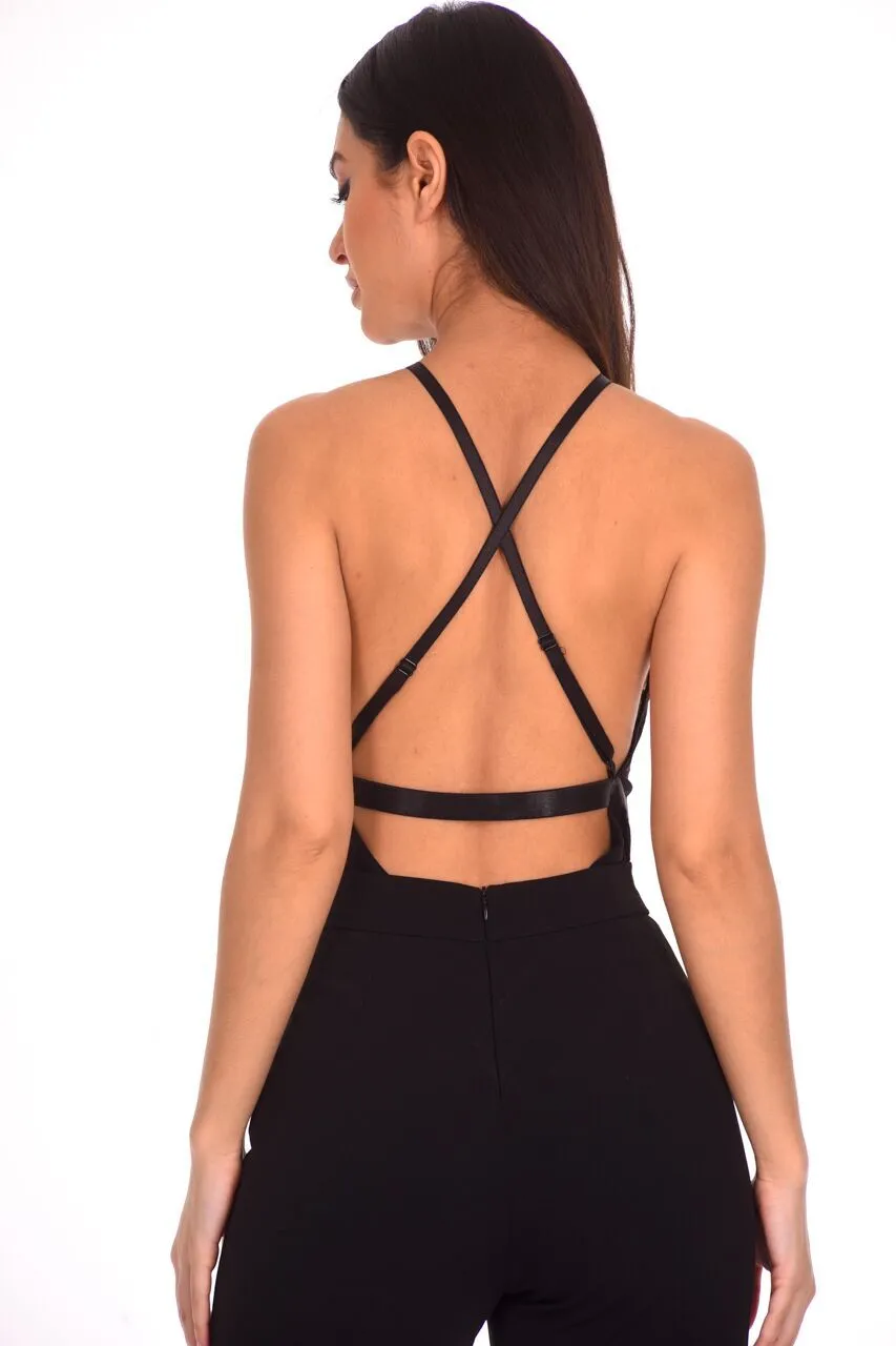 Black Lace Mesh Open Back Bodysuit