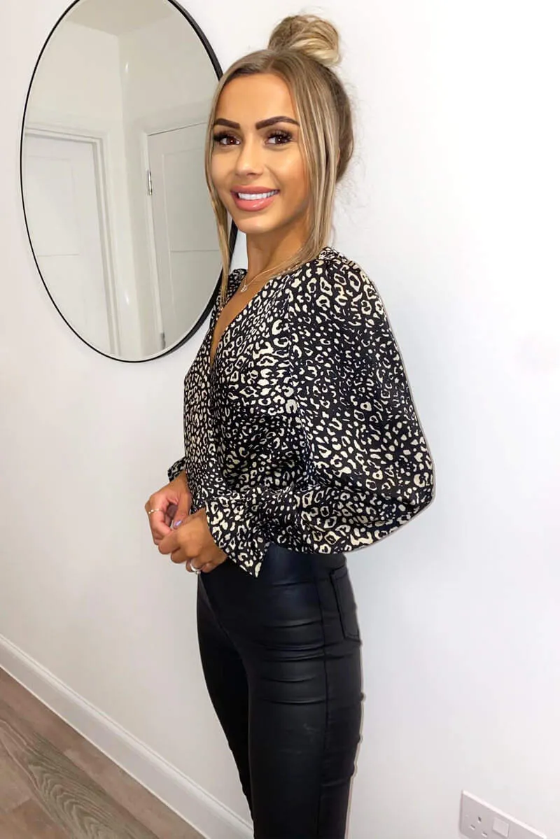 Black Leopard Print Wrap Over Bodysuit