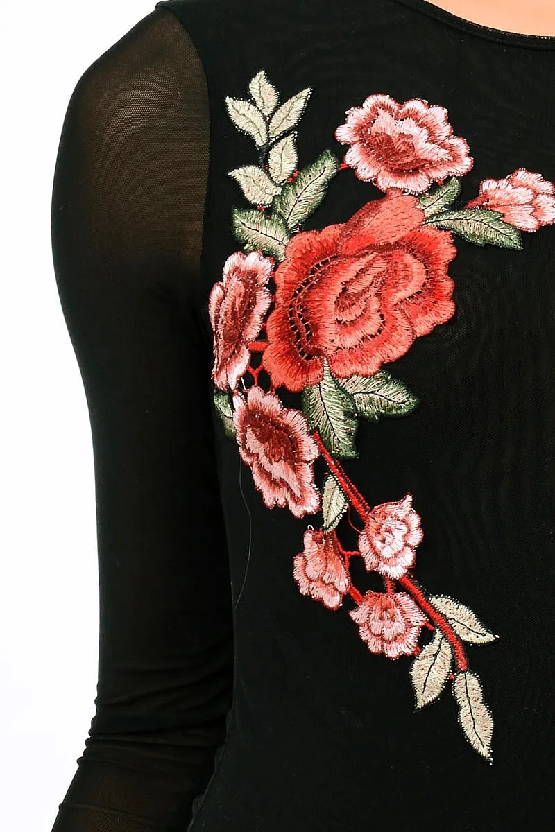 Black Long Sleeves Floral Mesh Bodysuit - Daphne