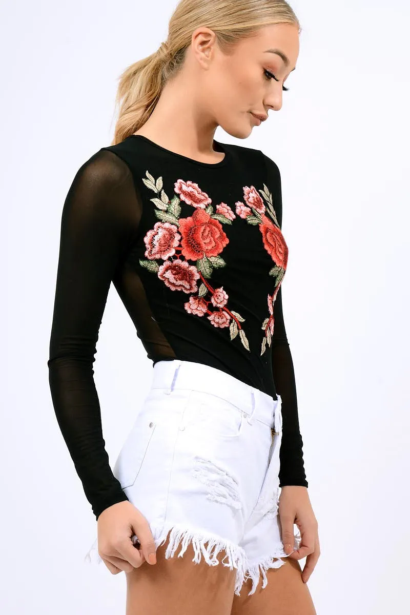 Black Long Sleeves Floral Mesh Bodysuit - Daphne