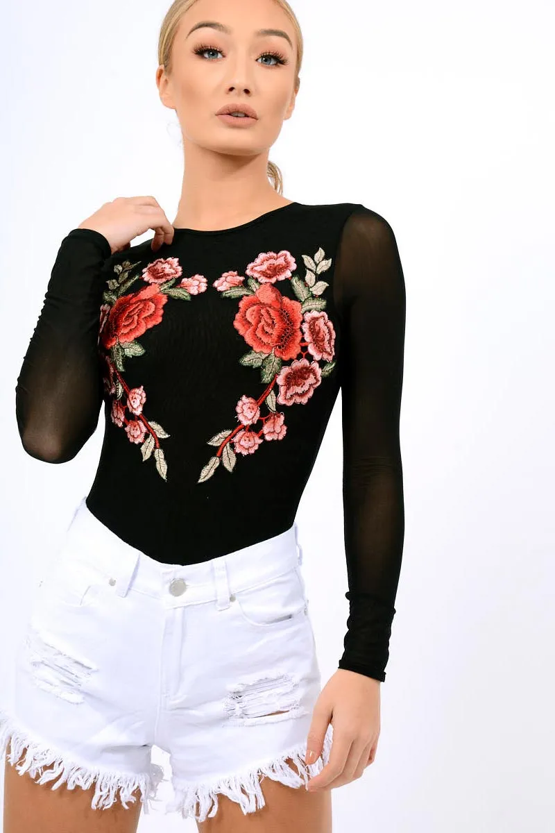 Black Long Sleeves Floral Mesh Bodysuit - Daphne