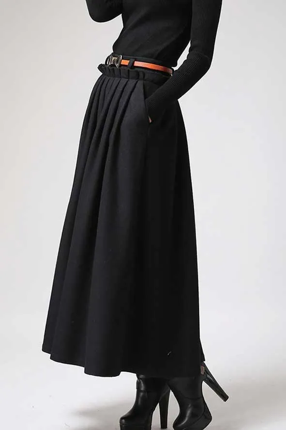 Black Wool Maxi Skirt For winter 0721#