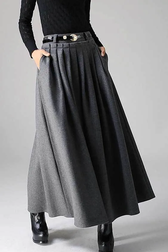 Black Wool Maxi Skirt For winter 0721#