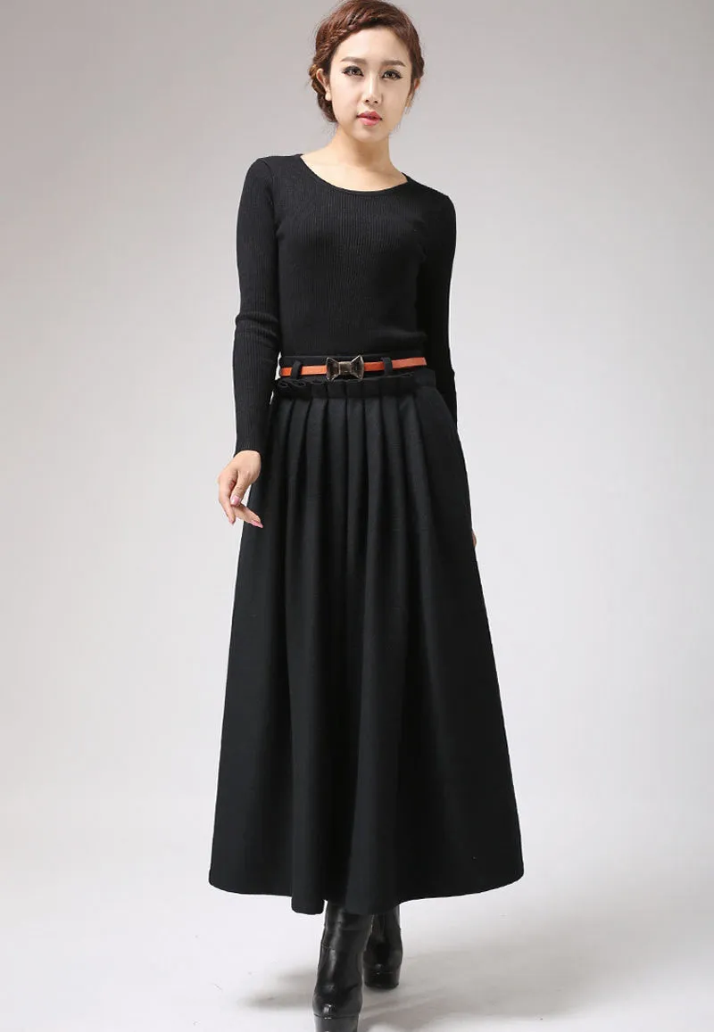 Black Wool Maxi Skirt For winter 0721#