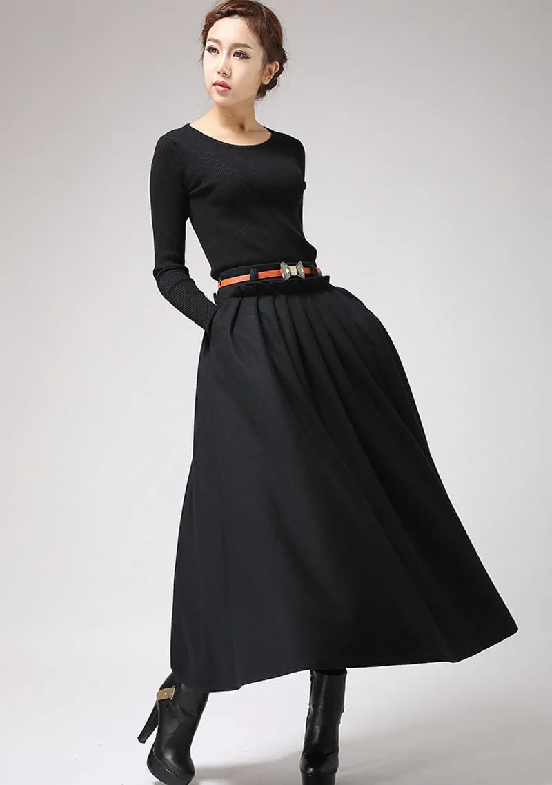 Black Wool Maxi Skirt For winter 0721#