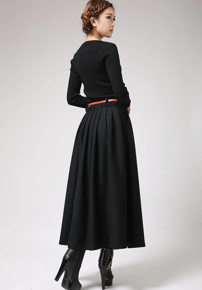 Black Wool Maxi Skirt For winter 0721#