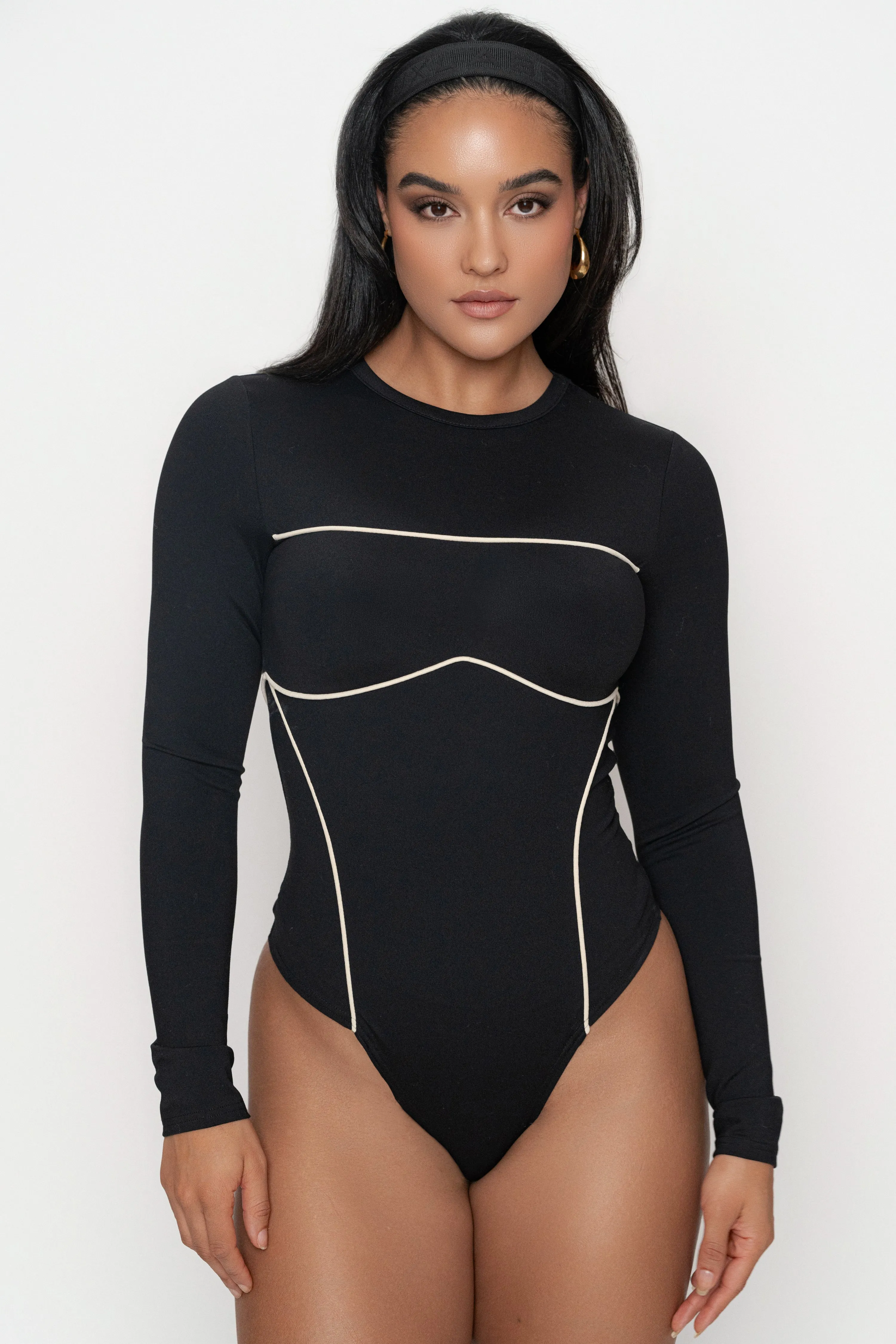 Black/Cream Pilar Piped Bodysuit