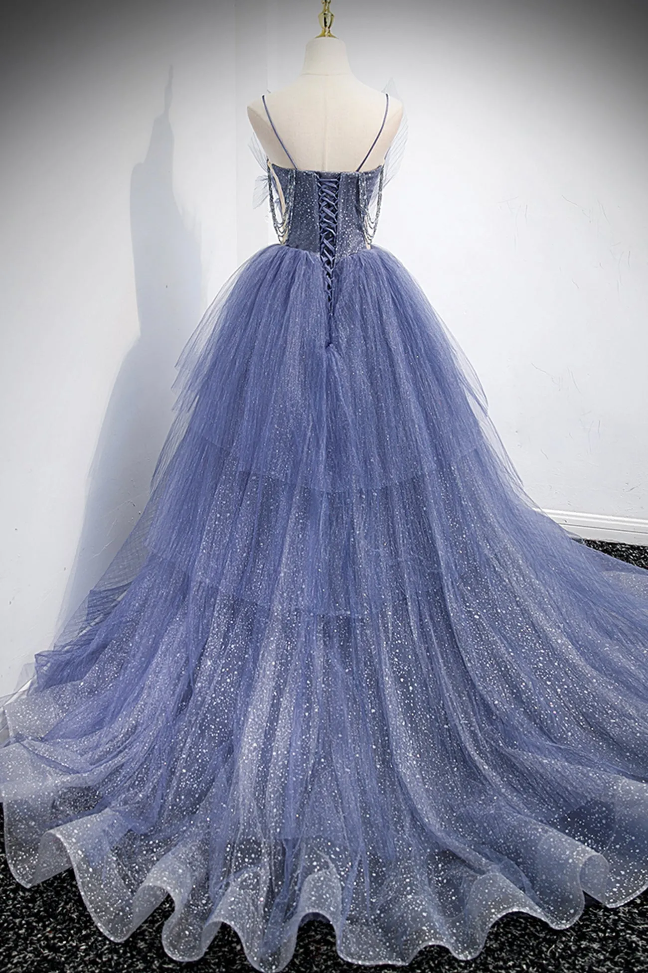 Blue Layers Tulle Long Prom Dresses, A-Line Spaghetti Straps Evening Dresses