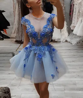 Blue round neck lace short prom dress, blue tulle evening dress