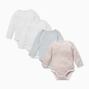 Blush & Khaki Stripe Long Sleeve Bodysuit 4 Pack