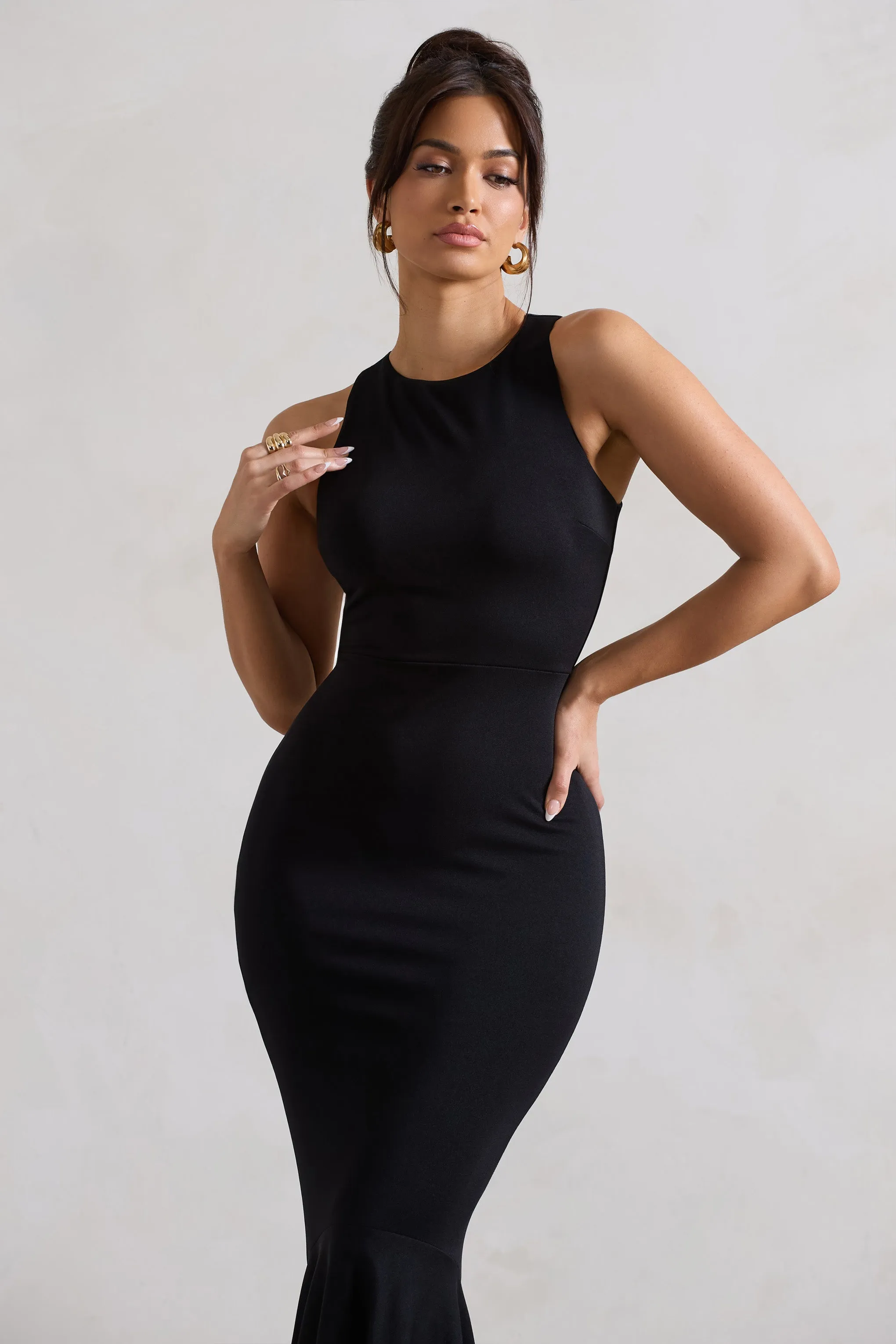 Bodhi | Black Racer-Neck Fishtail Maxi Dress