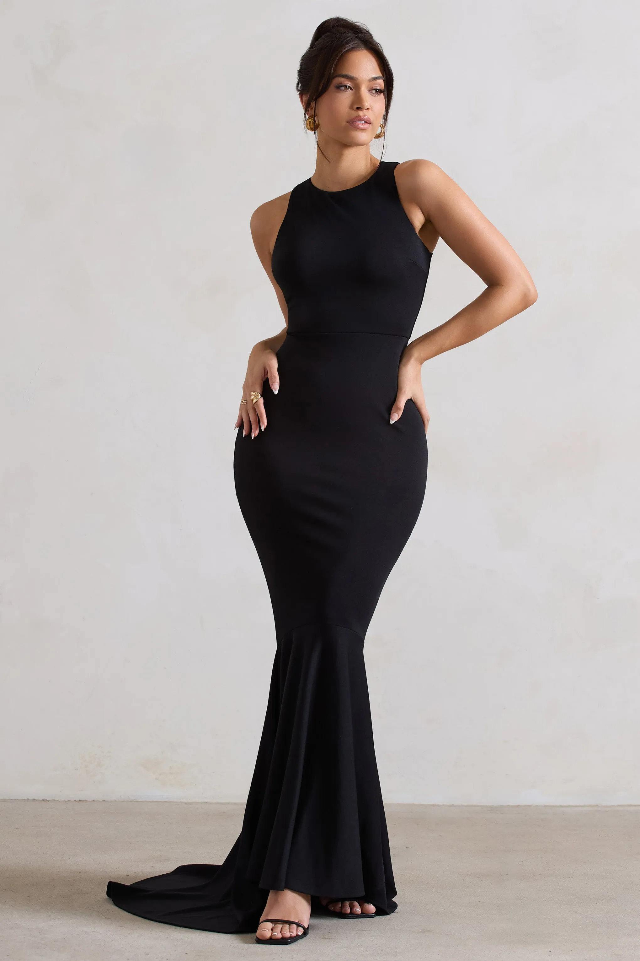 Bodhi | Black Racer-Neck Fishtail Maxi Dress