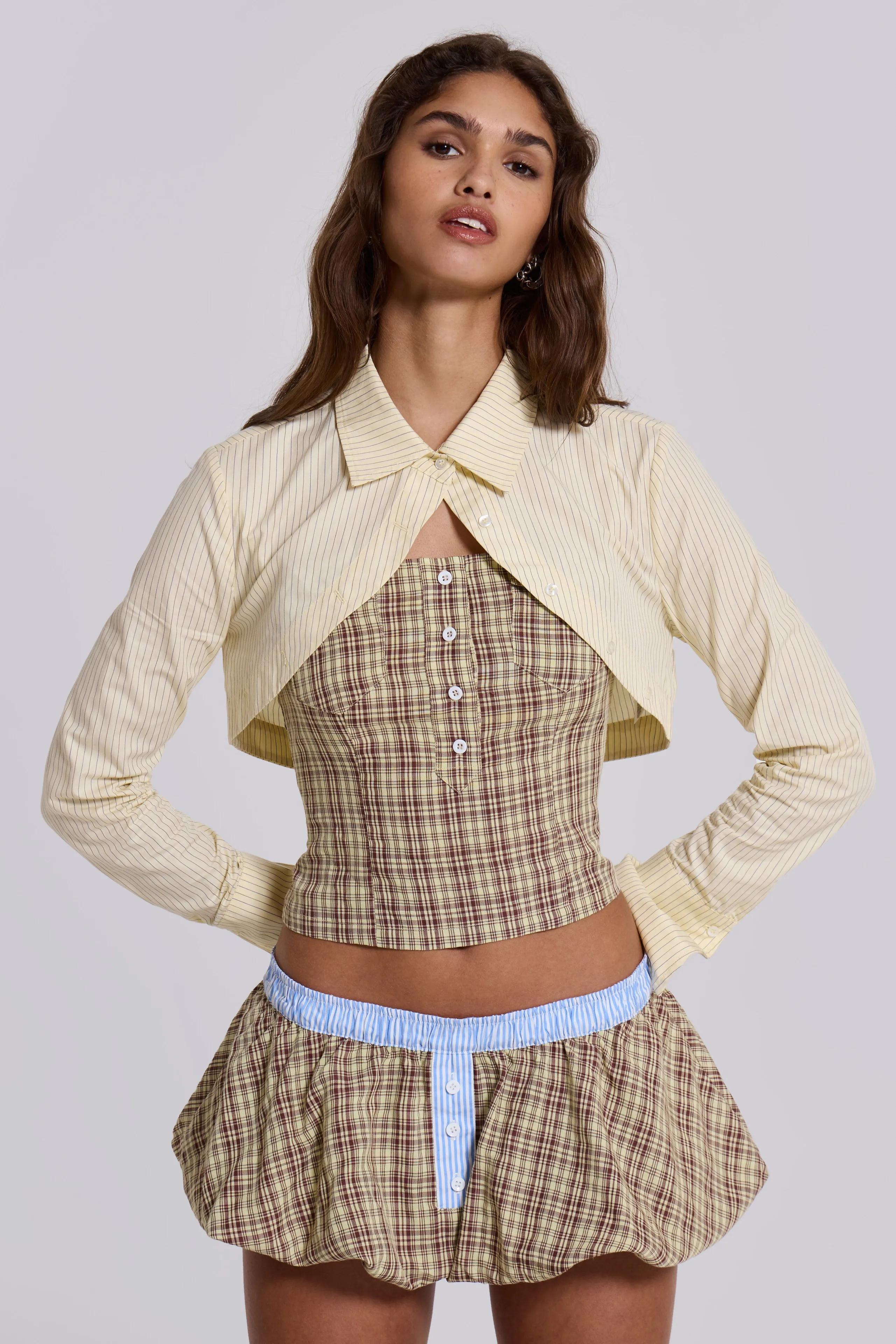 Brown Checked Lulu Puffball Boxer Micro Skirt