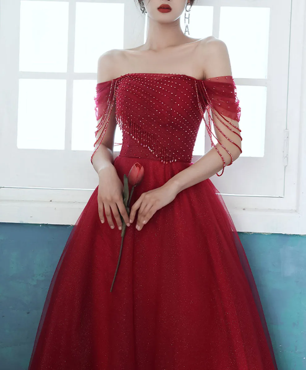 Burgundy Tulle Off Shoulder Long Prom Dress, Burgundy Graduation Dress with Beading